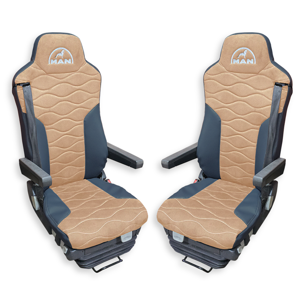 Чохол на сидіння MAN TGX, TGA, TGL, TGM, TGS; (2007-2020) 2 ременя, водій та пасажир (Низький) бежева алькантара - т. сіра шкіра Чохол на сидіння MAN TGX, TGA, TGL, TGM, TGS; (2007-2020) 2 ременя, водій та пасажир (Низький) бежева алькантара - т. сіра шкіра