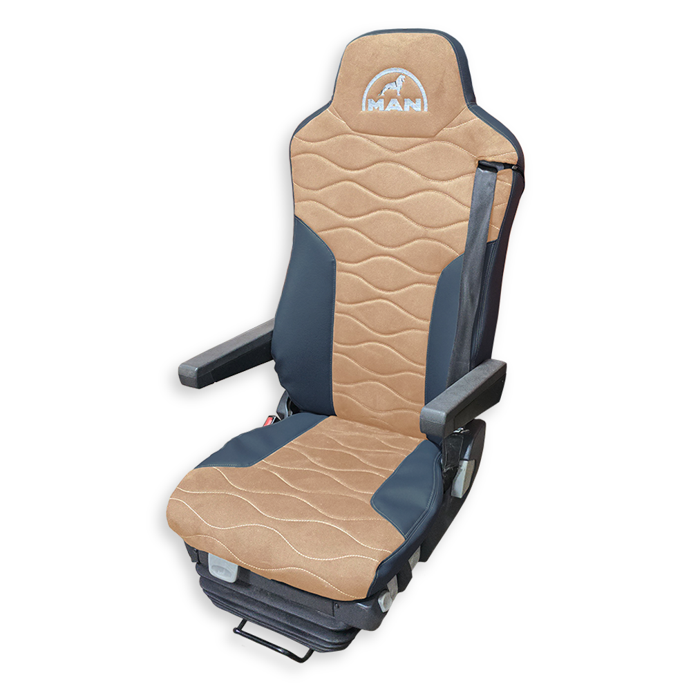 Чохол на сидіння MAN TGX, TGA, TGL, TGM, TGS; (2007-2020) 2 ременя, водій та пасажир (Низький) бежева алькантара - т. сіра шкіра Чохол на сидіння MAN TGX, TGA, TGL, TGM, TGS; (2007-2020) 2 ременя, водій та пасажир (Низький) бежева алькантара - т. сіра шкіра