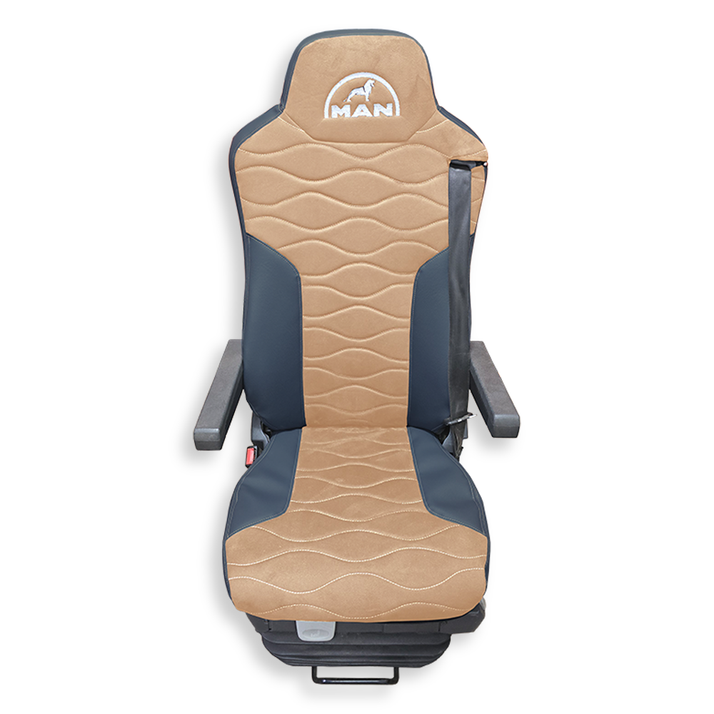 Чохол на сидіння MAN TGX, TGA, TGL, TGM, TGS; (2007-2020) 2 ременя, водій та пасажир (Низький) бежева алькантара - т. сіра шкіра Чохол на сидіння MAN TGX, TGA, TGL, TGM, TGS; (2007-2020) 2 ременя, водій та пасажир (Низький) бежева алькантара - т. сіра шкіра