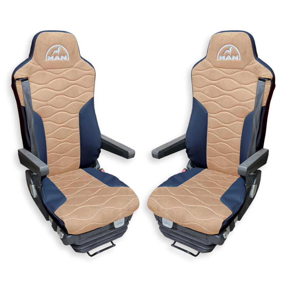 Чохол на сидіння MAN TGX, TGA, TGL, TGM, TGS; (2007-2020) 2 ременя, водій та пасажир (Низький) бежева алькантара - т. синя шкіра Чохол на сидіння MAN TGX, TGA, TGL, TGM, TGS; (2007-2020) 2 ременя, водій та пасажир (Низький) бежева алькантара - т. синя шкіра