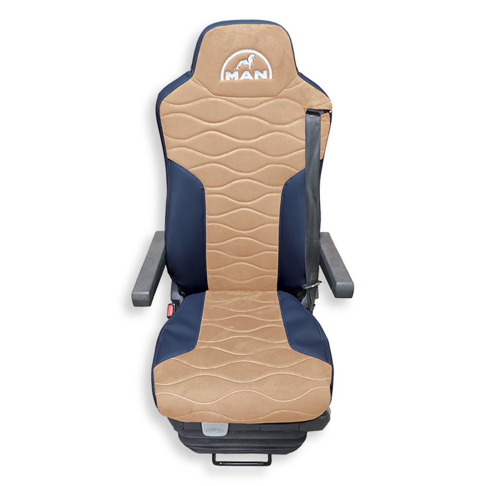 Чохол на сидіння MAN TGX, TGA, TGL, TGM, TGS; (2007-2020) 2 ременя, водій та пасажир (Низький) бежева алькантара - т. синя шкіра Чохол на сидіння MAN TGX, TGA, TGL, TGM, TGS; (2007-2020) 2 ременя, водій та пасажир (Низький) бежева алькантара - т. синя шкіра