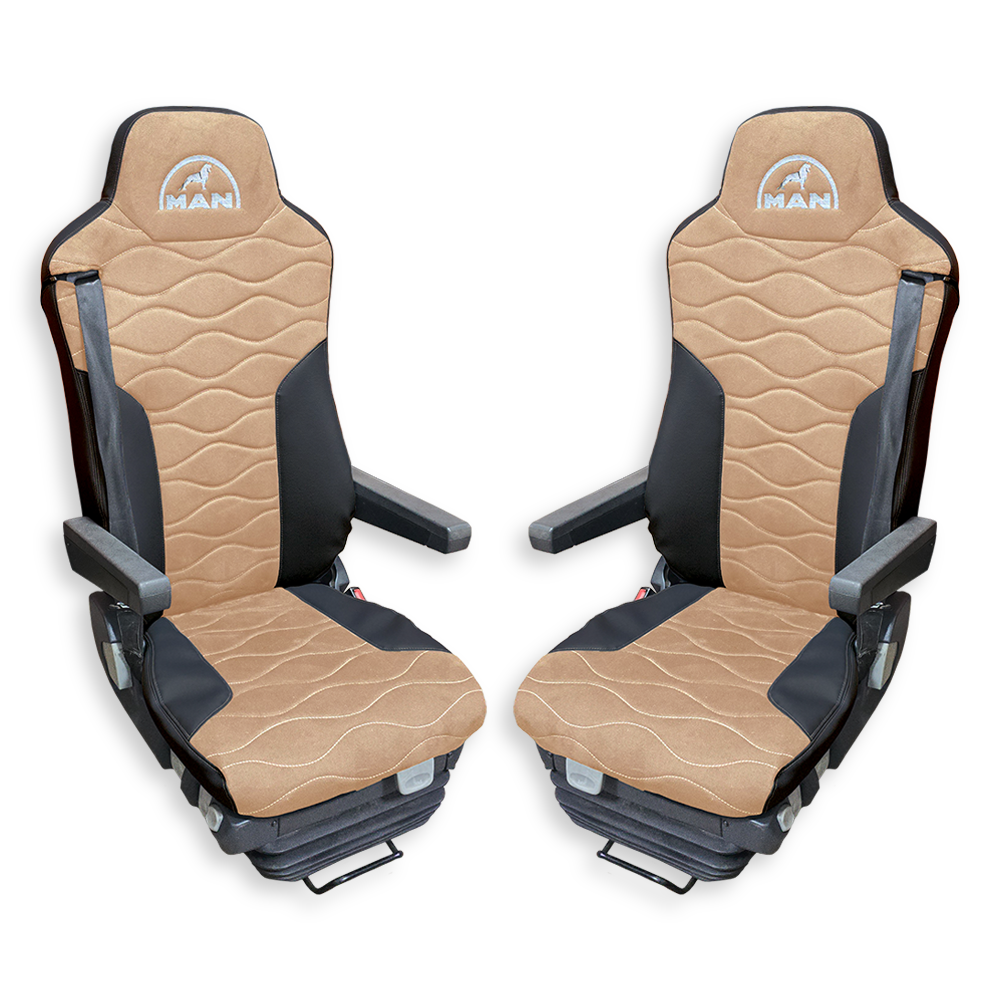 Чохол на сидіння MAN TGX, TGA, TGL, TGM, TGS; (2007-2020) 2 ременя, водій та пасажир (Низький) бежева алькантара - чорна шкіра Чохол на сидіння MAN TGX, TGA, TGL, TGM, TGS; (2007-2020) 2 ременя, водій та пасажир (Низький) бежева алькантара - чорна шкіра
