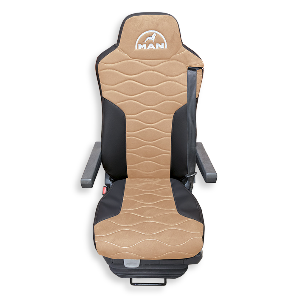 Чохол на сидіння MAN TGX, TGA, TGL, TGM, TGS; (2007-2020) 2 ременя, водій та пасажир (Низький) бежева алькантара - чорна шкіра Чохол на сидіння MAN TGX, TGA, TGL, TGM, TGS; (2007-2020) 2 ременя, водій та пасажир (Низький) бежева алькантара - чорна шкіра