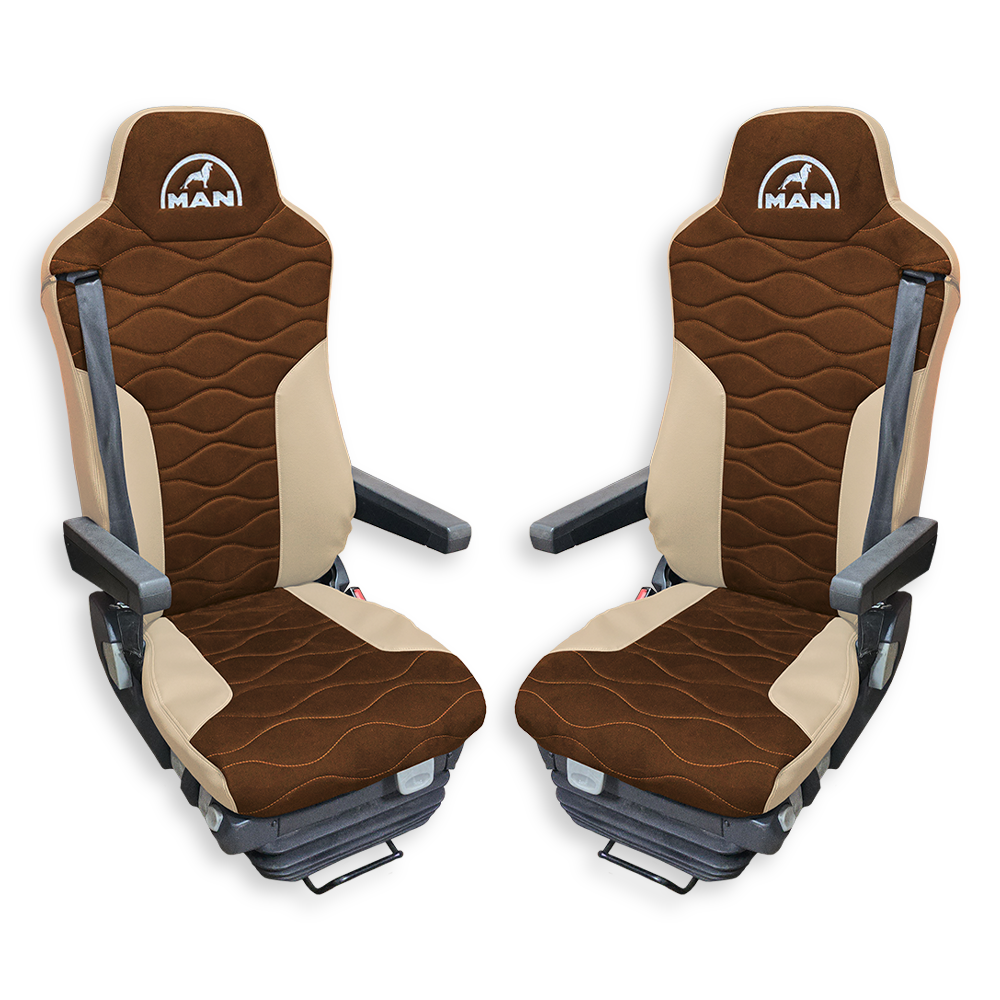 Чохол на сидіння MAN TGX, TGA, TGL, TGM, TGS; (2007-2020) 2 ремені, водій та пасажир (Низький) св. коричнева алькантара - бежева шкіра
