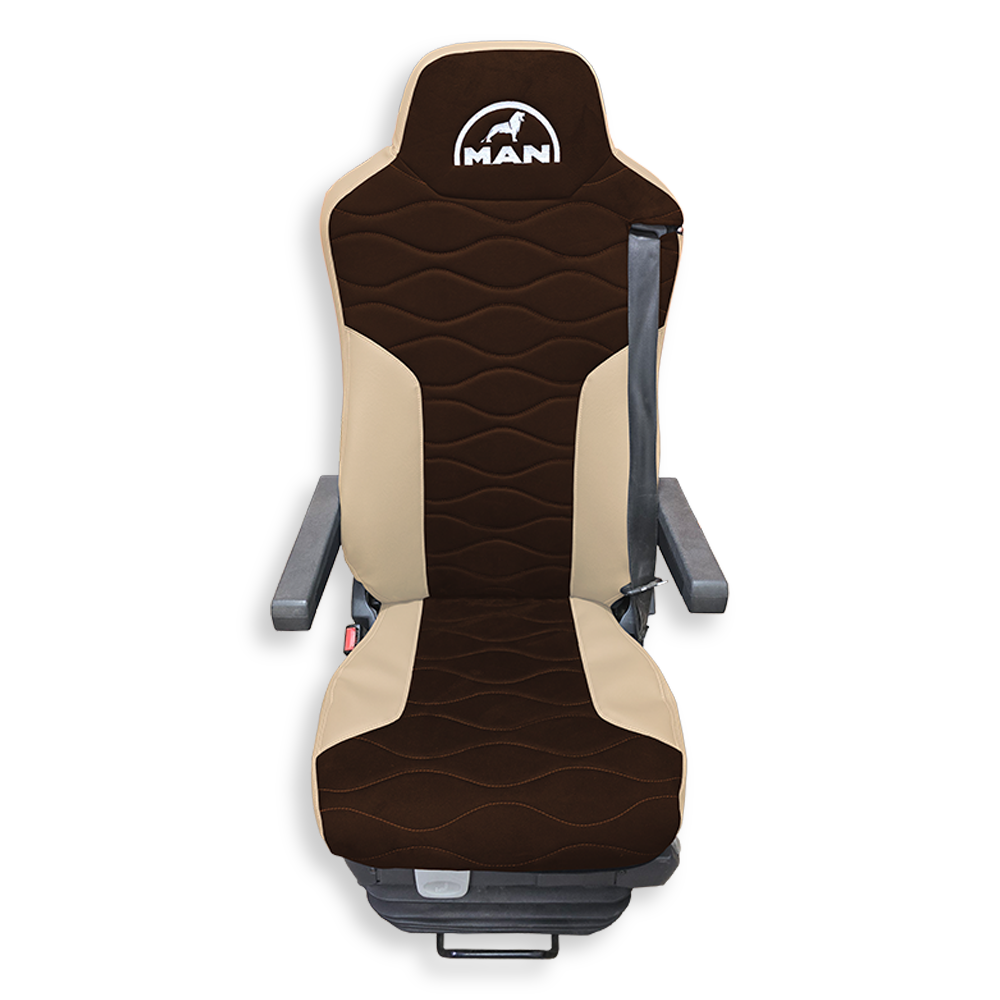 Чехол на сиденья Twin MAN TGX,TGA,TGL,TGM,TGS; (2007-2020) 2 ремня, водитель и пассажир (Низкий) коричневая алькантара - бежевая кожа