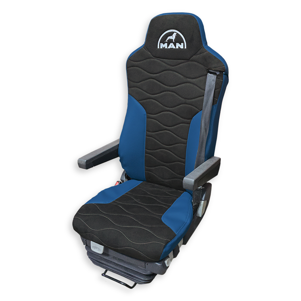Чохол на сидіння MAN TGX, TGA, TGL, TGM, TGS; (2007-2020) 2 ремені, водій та пасажир (Низький) т. сіра алькантара - св. синя шкіра