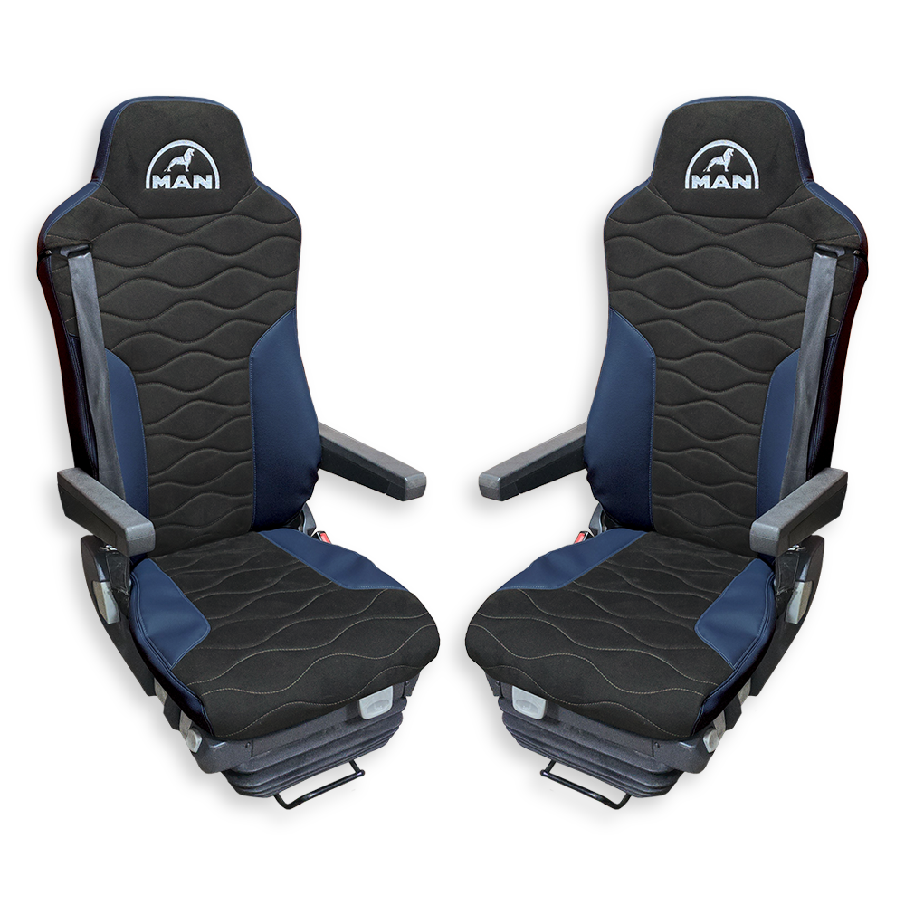 Чохол на сидіння MAN TGX, TGA, TGL, TGM, TGS; (2007-2020) 2 ремені, водій та пасажир (Низький) т. сіра алькантара - т. синя шкіра Чохол на сидіння MAN TGX, TGA, TGL, TGM, TGS; (2007-2020) 2 ремені, водій та пасажир (Низький) т. сіра алькантара - т. синя шкіра