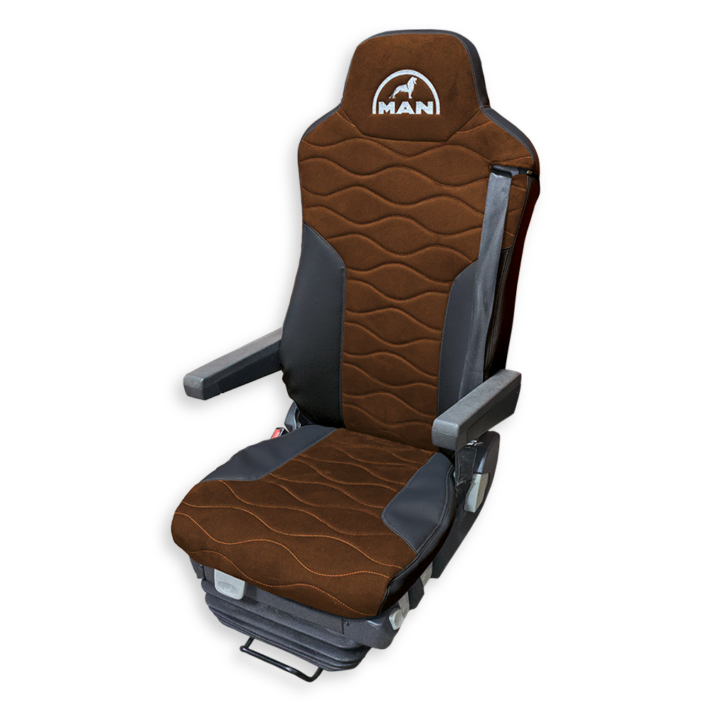Чехол на сиденья MAN TGX,TGA,TGL,TGM,TGS; (2007-2020) 2 ремня, водитель и пассажир (Низкий) св. коричневая алькантара - черная кожа Чехол на сиденья MAN TGX,TGA,TGL,TGM,TGS; (2007-2020) 2 ремня, водитель и пассажир (Низкий) св. коричневая алькантара - черная кожа