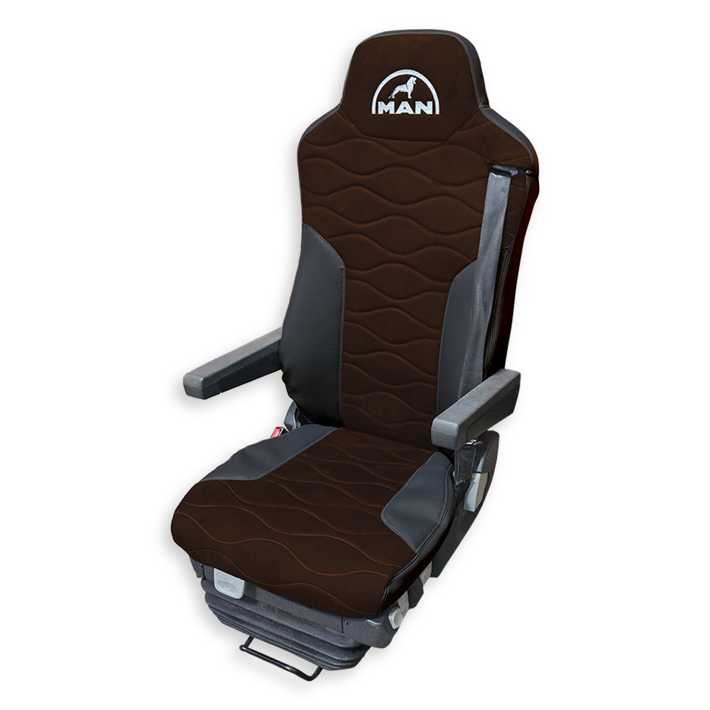 Чехол на сиденья MAN TGX,TGA,TGL,TGM,TGS; (2007-2020) 2 ремня, водитель и пассажир (Низкий) коричневая алькантара - черная кожа Чехол на сиденья MAN TGX,TGA,TGL,TGM,TGS; (2007-2020) 2 ремня, водитель и пассажир (Низкий) коричневая алькантара - черная кожа