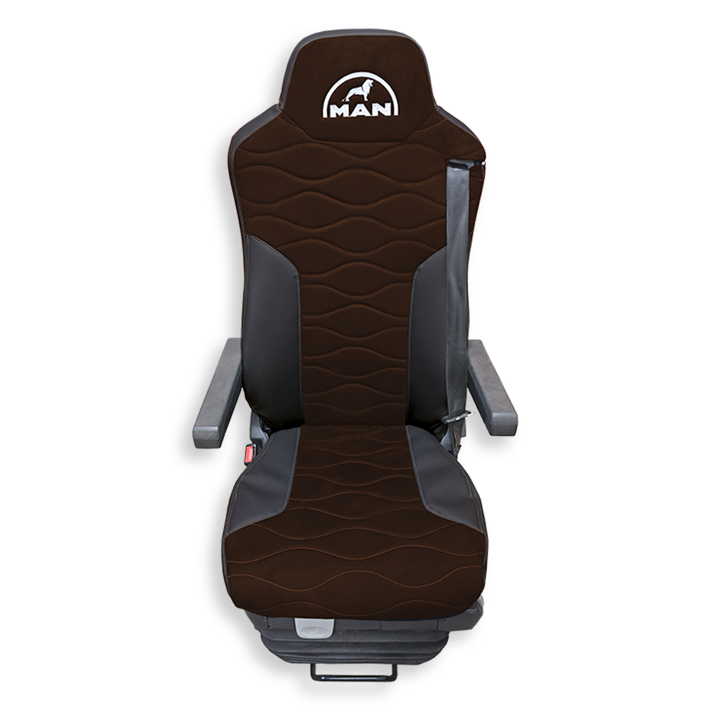 Чехол на сиденья MAN TGX,TGA,TGL,TGM,TGS; (2007-2020) 2 ремня, водитель и пассажир (Низкий) коричневая алькантара - черная кожа Чехол на сиденья MAN TGX,TGA,TGL,TGM,TGS; (2007-2020) 2 ремня, водитель и пассажир (Низкий) коричневая алькантара - черная кожа