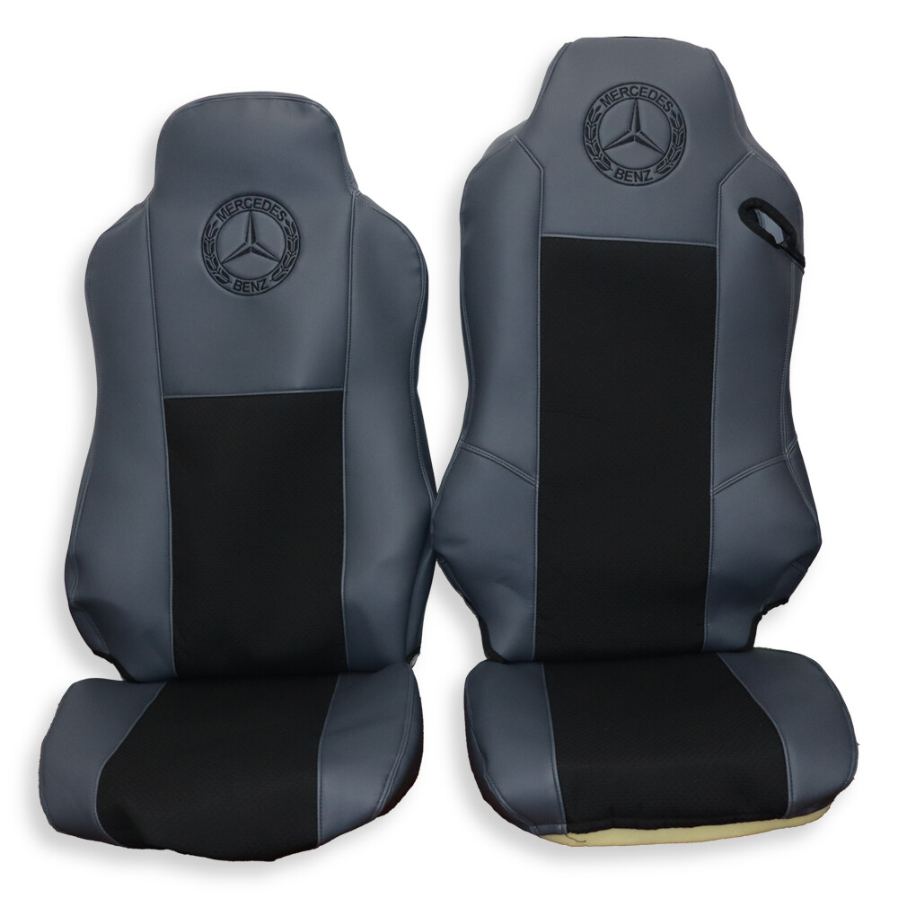 Чохол на сидіння Mercedes ATEGO/AXOR/ACTROS, 1 ремінь, сіра шкіра - тканина чорна Чохол на сидіння Mercedes ATEGO/AXOR/ACTROS, 1 ремінь, сіра шкіра - тканина чорна