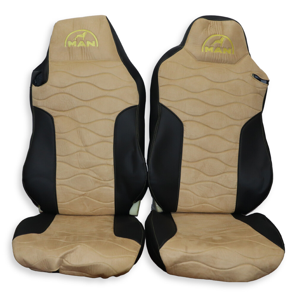 Чехол на сиденья MAN TGX,TGA,TGL,TGM,TGS; (2007-2020) 2 ремня, водитель (Низкий) пассажир (Высокий), бежевая алькантара - черная кожа Чехол на сиденья MAN TGX,TGA,TGL,TGM,TGS; (2007-2020) 2 ремня, водитель (Низкий) пассажир (Высокий), бежевая алькантара - черная кожа