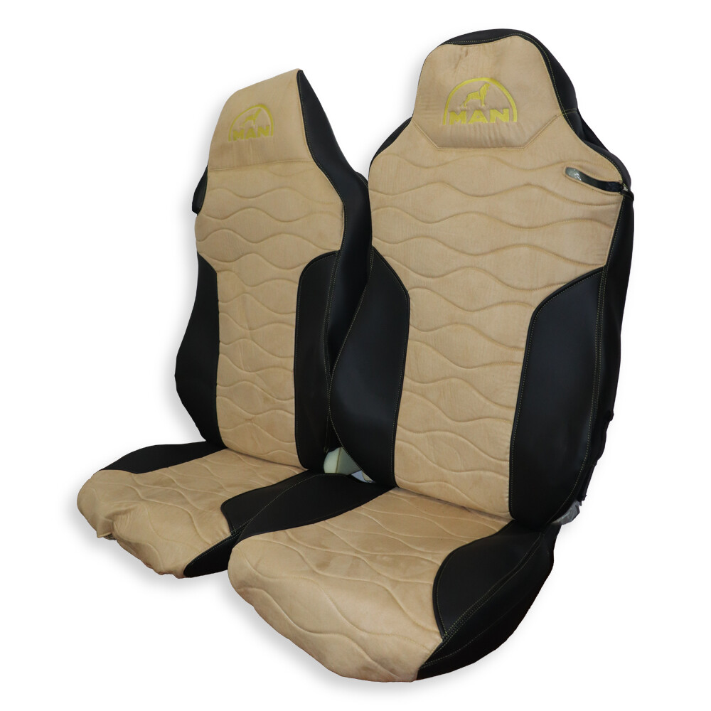 Чехол на сиденья MAN TGX,TGA,TGL,TGM,TGS; (2007-2020) 2 ремня, водитель (Низкий) пассажир (Высокий), бежевая алькантара - черная кожа Чехол на сиденья MAN TGX,TGA,TGL,TGM,TGS; (2007-2020) 2 ремня, водитель (Низкий) пассажир (Высокий), бежевая алькантара - черная кожа