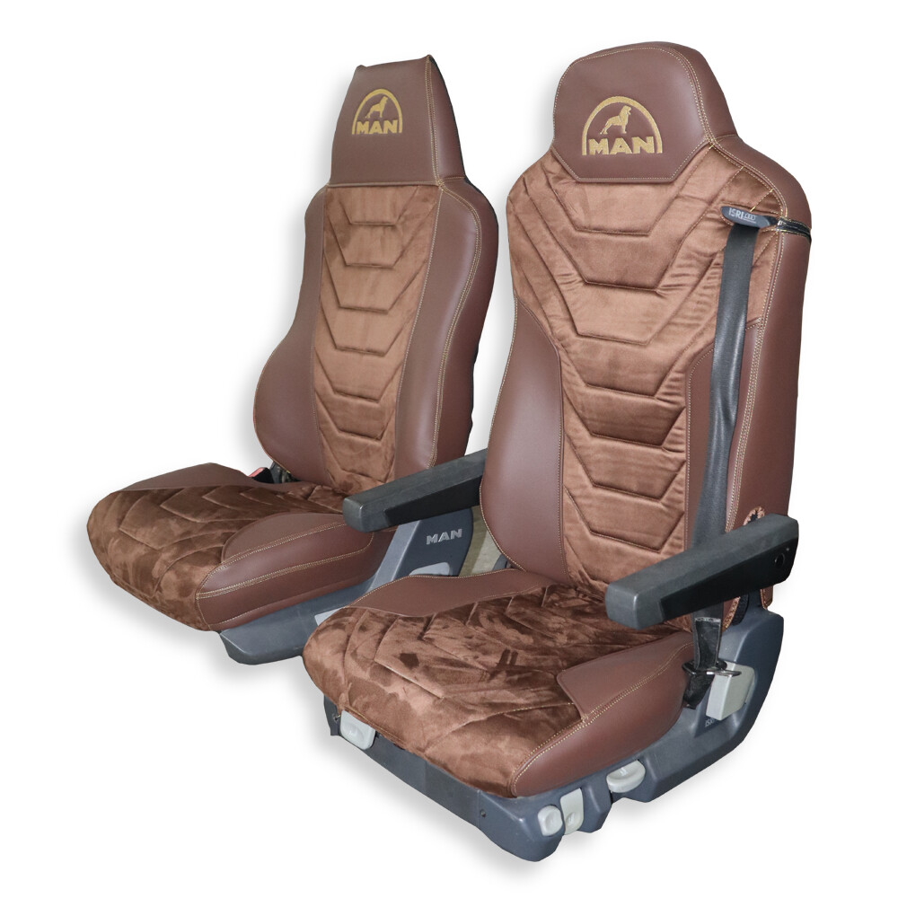 Чехол на сиденья MAN TGX,TGA,TGL,TGM,TGS; (2007-2020) 1 ремень, водитель (Низкий) пассажир (Высокий) т. коричневая алькантара-коричневая кожа Чехол на сиденья MAN TGX,TGA,TGL,TGM,TGS; (2007-2020) 1 ремень, водитель (Низкий) пассажир (Высокий) т. коричневая алькантара-коричневая кожа