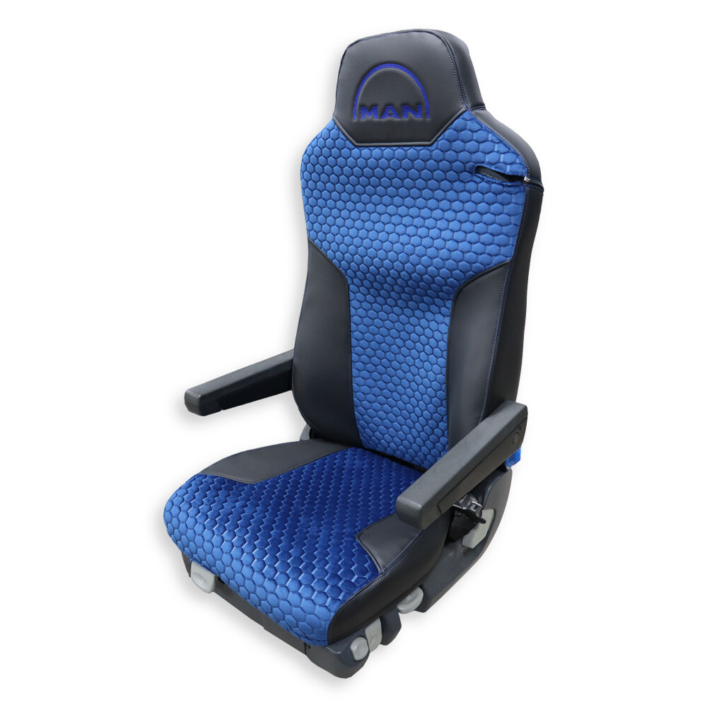 Чехол на сиденья MAN TGX,TGA,TGL,TGM,TGS; (2007-2020) 2 ремня, водитель и пассажир (Низкий), синяя сота -черная кожа Чехол на сиденья MAN TGX,TGA,TGL,TGM,TGS; (2007-2020) 2 ремня, водитель и пассажир (Низкий), синяя сота -черная кожа
