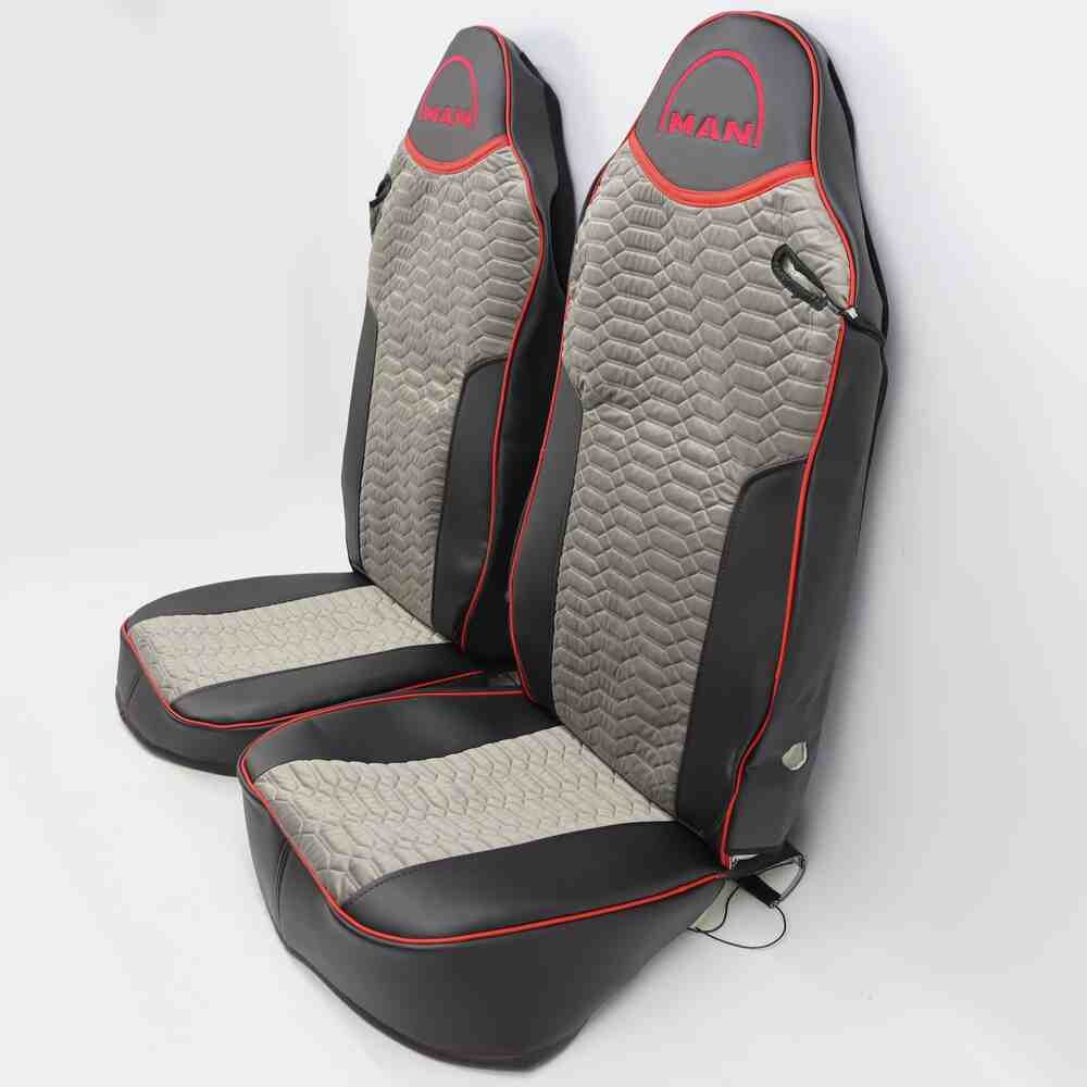 Чехол на сиденья KADIFE Велюр+Экокожа MAN TGX,TGA,TGL,TGM,TGS; (2007-2020) 2 ремня, водитель и пассажир (Низкий) черная кожа+серый велюр