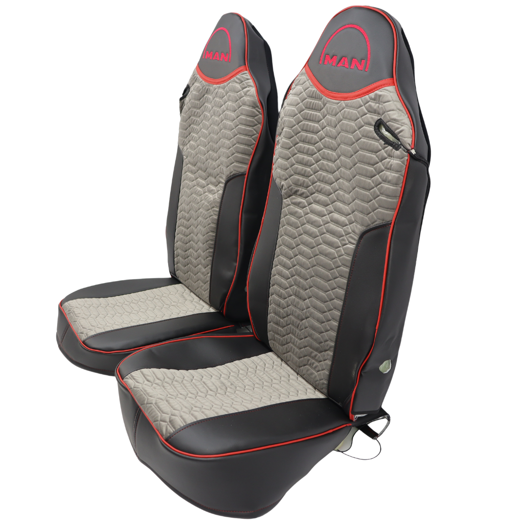 Чехол на сиденья KADIFE Велюр+Экокожа MAN TGX,TGA,TGL,TGM,TGS; (2007-2020) 2 ремня, водитель и пассажир (Низкий) черная кожа+серый велюр