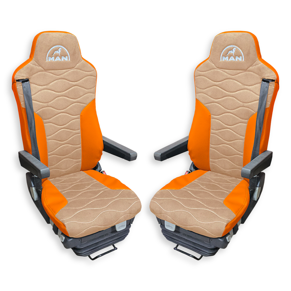 Чехол на сиденья Twin MAN TGX,TGA,TGL,TGM,TGS; (2007-2020) 2 ремня, водитель и пассажир (Низкий) бежевая алькантара - оранжевая кожа