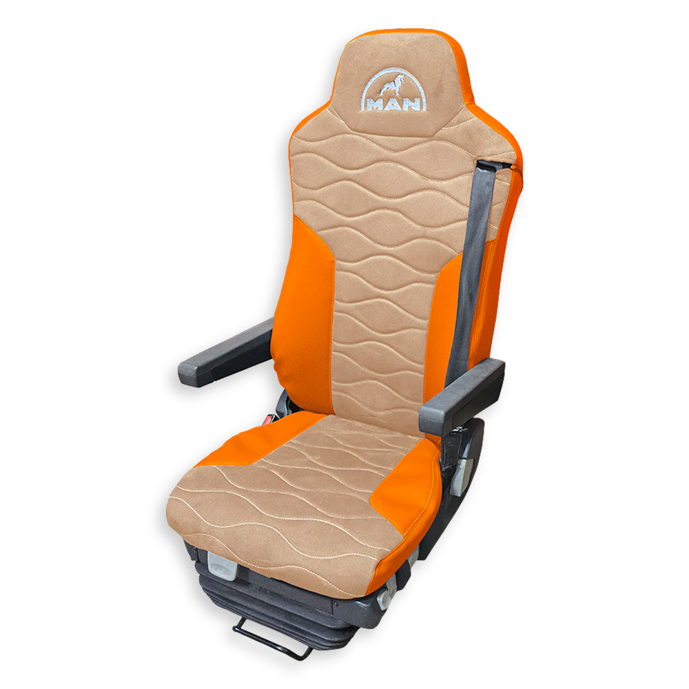 Чехол на сиденья Twin MAN TGX,TGA,TGL,TGM,TGS; (2007-2020) 2 ремня, водитель и пассажир (Низкий) бежевая алькантара - оранжевая кожа