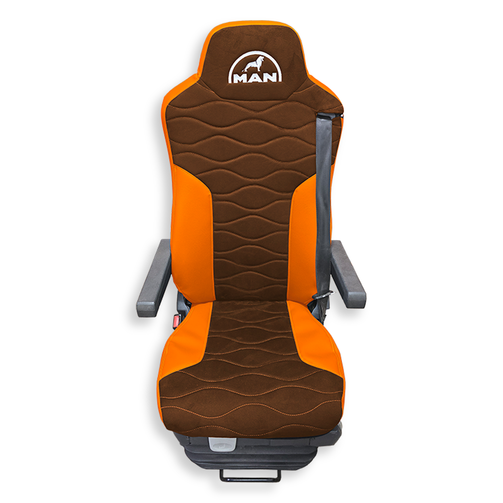 Чехол на сиденья Twin MAN TGX,TGA,TGL,TGM,TGS; (2007-2020) 2 ремня, водитель и пассажир (Низкий) св. коричневая алькантара - оранжевая кожа