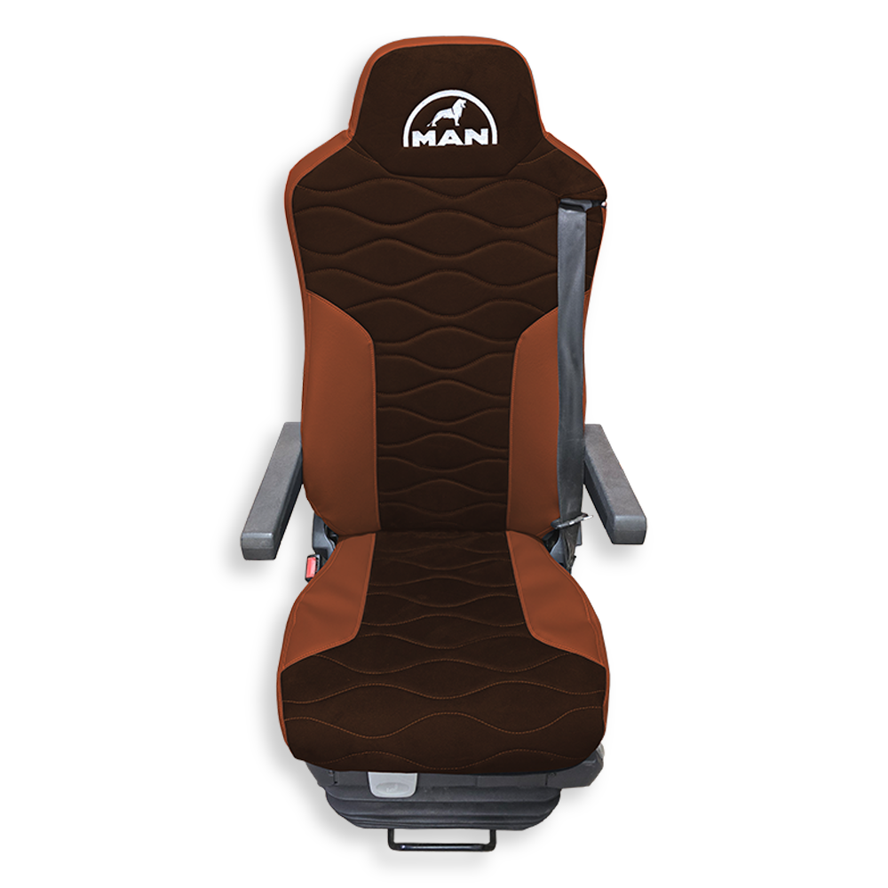 Чехол на сиденья Twin MAN TGX,TGA,TGL,TGM,TGS; (2007-2020) 2 ремня, водитель и пассажир (Низкий) коричневая алькантара - св. коричневая кожа
