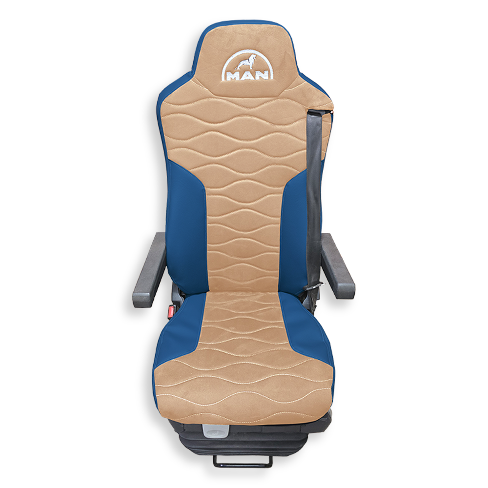 Чохол на сидіння Twin MAN TGX,TGA,TGL,TGM,TGS; (2007-2020) 2 ременя, водій та пасажир (Низький) бежева алькантара - св. синя шкіра
