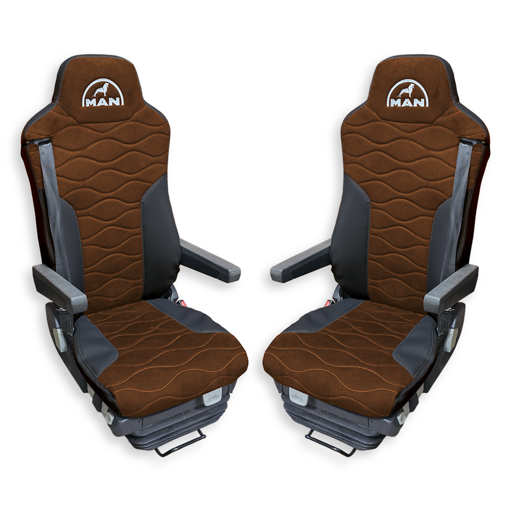 Чохол на сидіння Twin MAN TGX,TGA,TGL,TGM,TGS; (2007-2020) 2 ремені, водій та пасажир (Низький) св. коричнева алькантара - чорна шкіра Чохол на сидіння Twin MAN TGX,TGA,TGL,TGM,TGS; (2007-2020) 2 ремені, водій та пасажир (Низький) св. коричнева алькантара - чорна шкіра