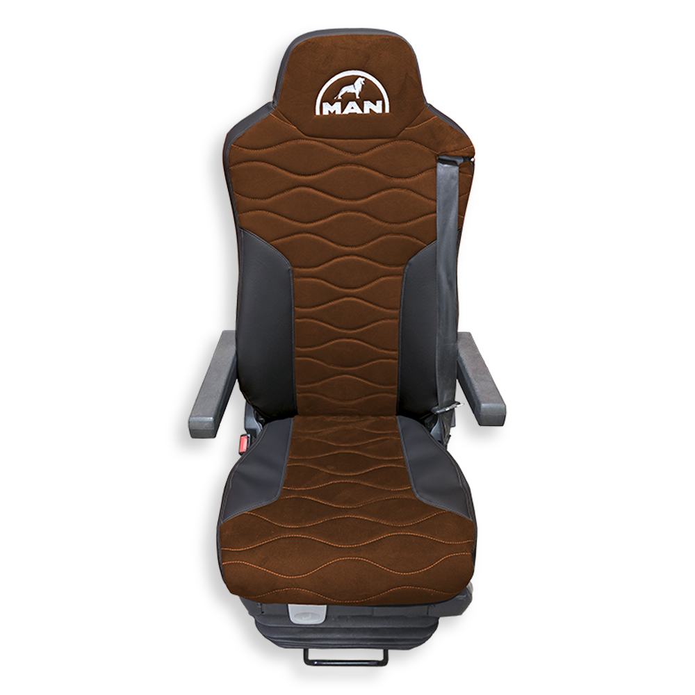 Чохол на сидіння Twin MAN TGX,TGA,TGL,TGM,TGS; (2007-2020) 2 ремені, водій та пасажир (Низький) св. коричнева алькантара - чорна шкіра Чохол на сидіння Twin MAN TGX,TGA,TGL,TGM,TGS; (2007-2020) 2 ремені, водій та пасажир (Низький) св. коричнева алькантара - чорна шкіра