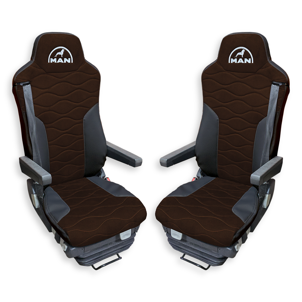 Чехол на сиденья Twin MAN TGX,TGA,TGL,TGM,TGS; (2007-2020) 2 ремня, водитель и пассажир (Низкий) коричневая алькантара - черная кожа