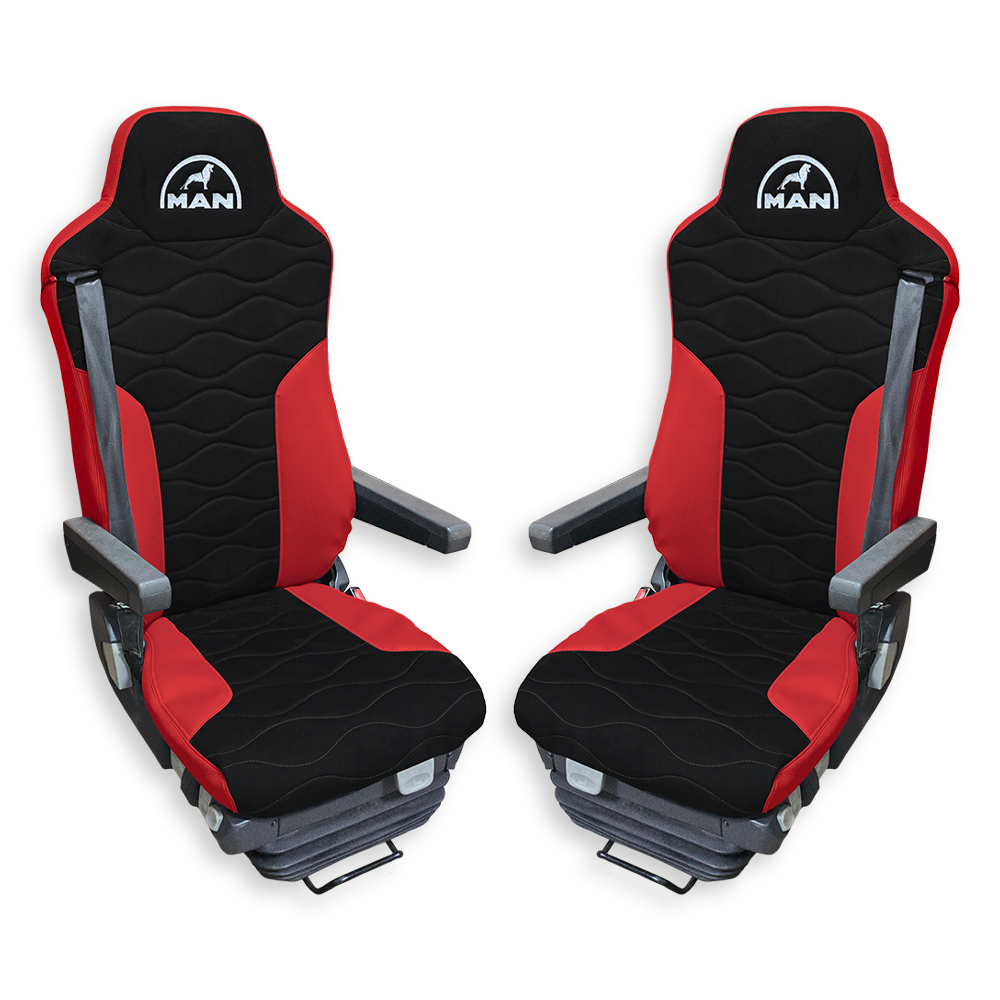 Чохол на сидіння Twin MAN TGX,TGA,TGL,TGM,TGS; (2007-2020) 2 ременя, водій та пасажир (Низький) чорна алькантара - червона шкіра