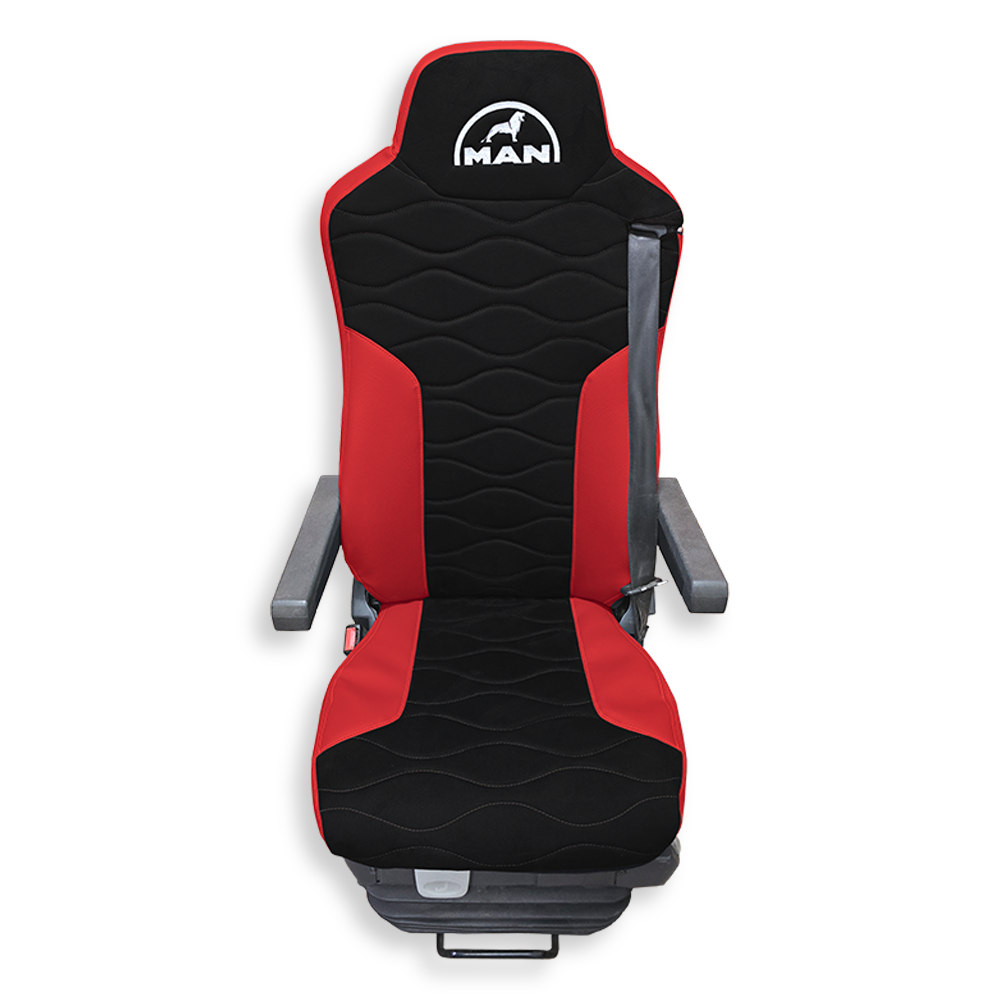 Чохол на сидіння Twin MAN TGX,TGA,TGL,TGM,TGS; (2007-2020) 2 ременя, водій та пасажир (Низький) чорна алькантара - червона шкіра