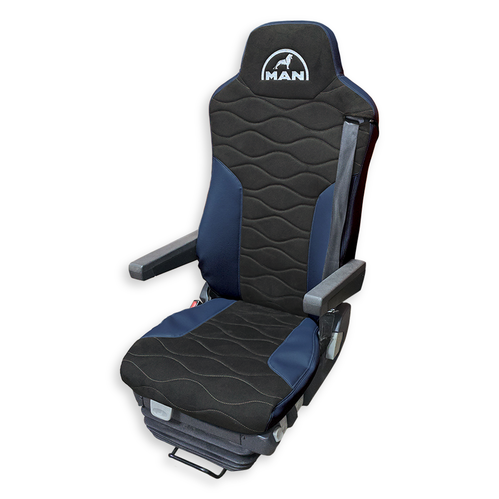 Чехол на сиденья Twin MAN TGX,TGA,TGL,TGM,TGS; (2007-2020) 2 ремня, водитель и пассажир (Низкий) т. серая алькантара - т. синяя кожа