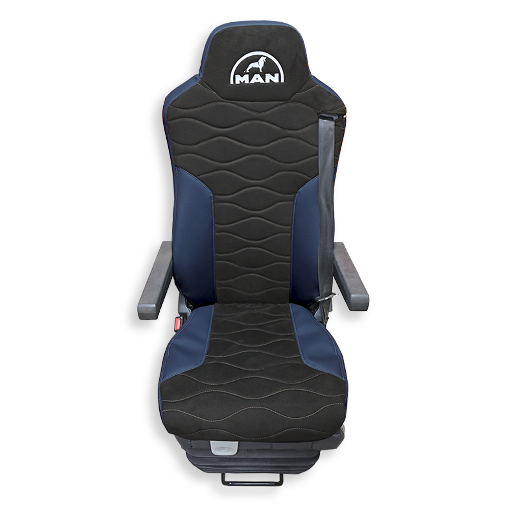 Чехол на сиденья Twin MAN TGX,TGA,TGL,TGM,TGS; (2007-2020) 2 ремня, водитель и пассажир (Низкий) т. серая алькантара - т. синяя кожа
