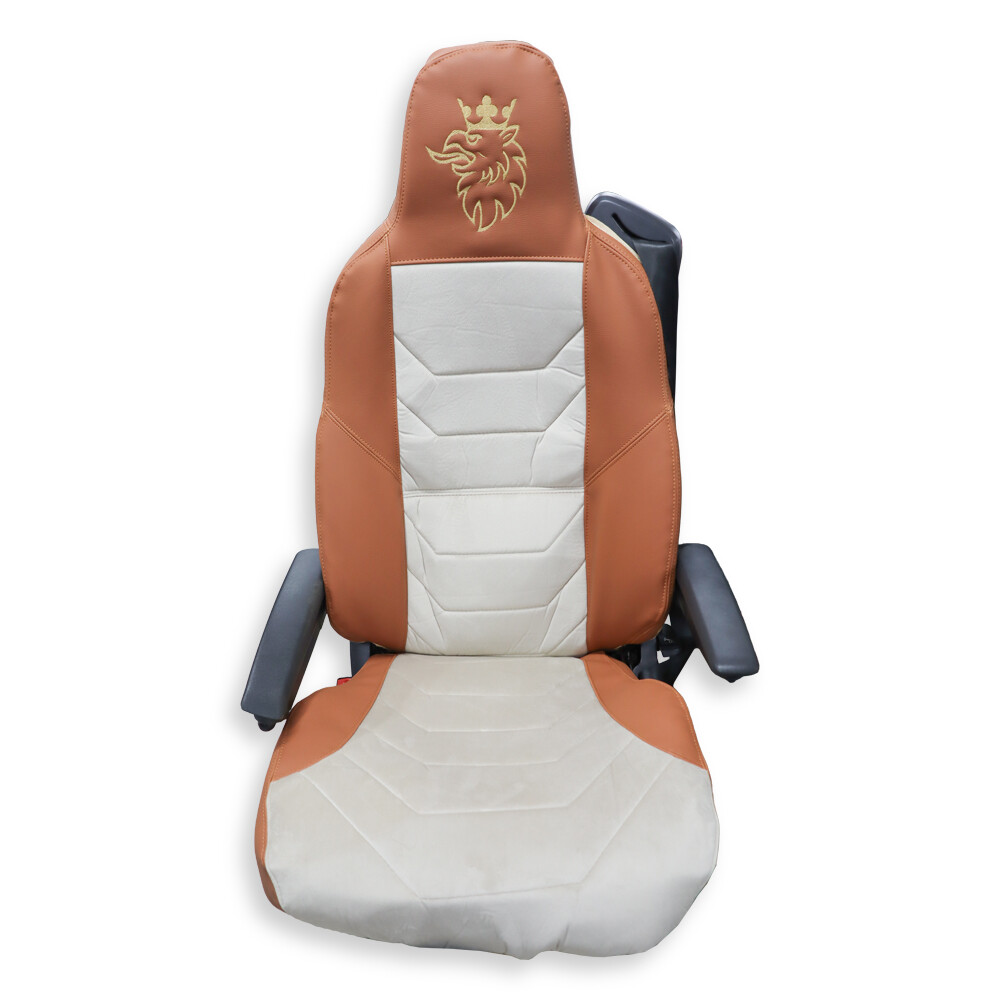 Чехол на сиденья Twin SCANIA R,G,P,S (2014-...) водит. монолит - пасс. пилот, бежевый велюр - св. коричневая кожа