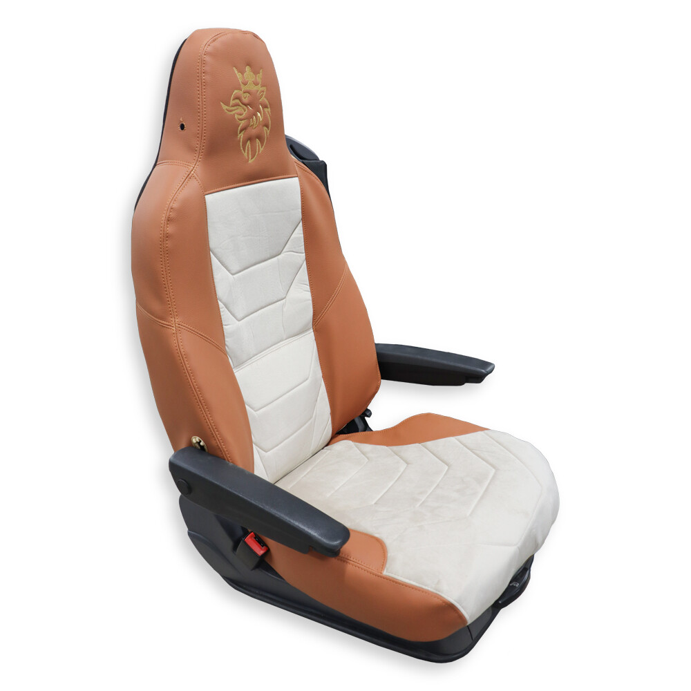 Чехол на сиденья Twin SCANIA R,G,P,S (2014-...) водит. монолит - пасс. пилот, бежевый велюр - св. коричневая кожа