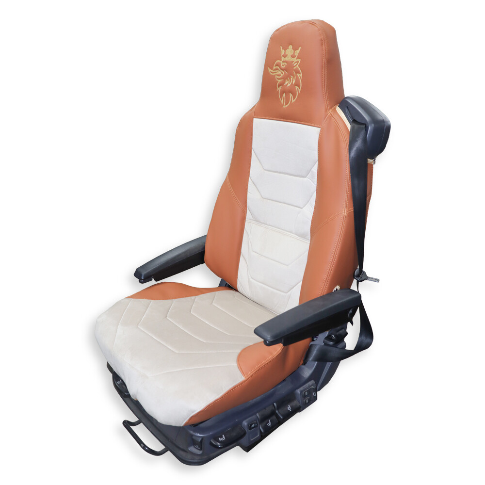 Чехол на сиденья Twin SCANIA R,G,P,S (2014-...) водит. монолит - пасс. пилот, бежевый велюр - св. коричневая кожа