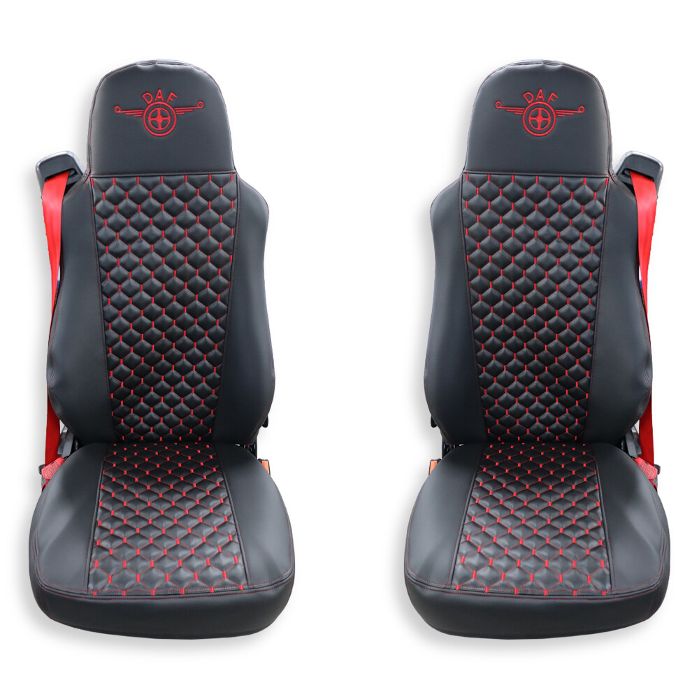 Чехол на сиденья KAR Кожа+стежка DAF XF95 105 CF85 75 65 LF (2002-2012) кожа черн.-красная нить