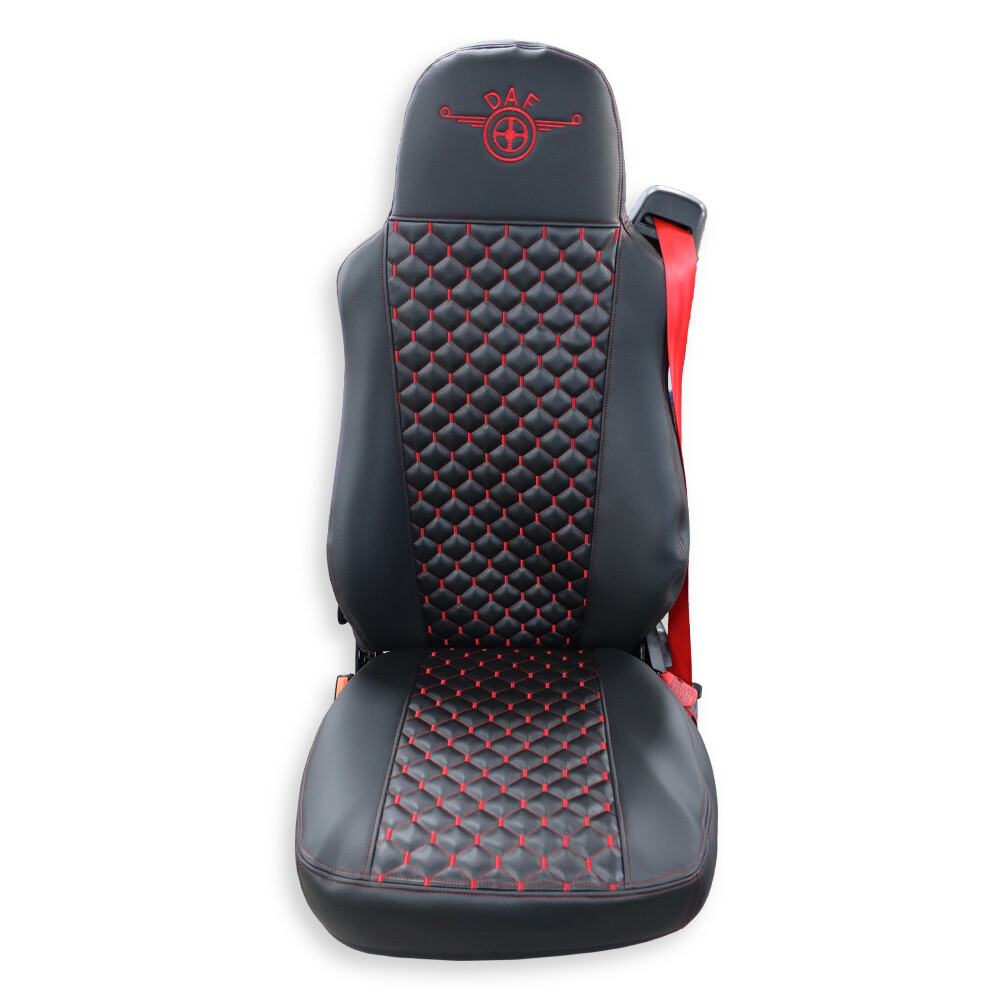 Чехол на сиденья KAR Кожа+стежка DAF XF95 105 CF85 75 65 LF (2002-2012) кожа черн.-красная нить