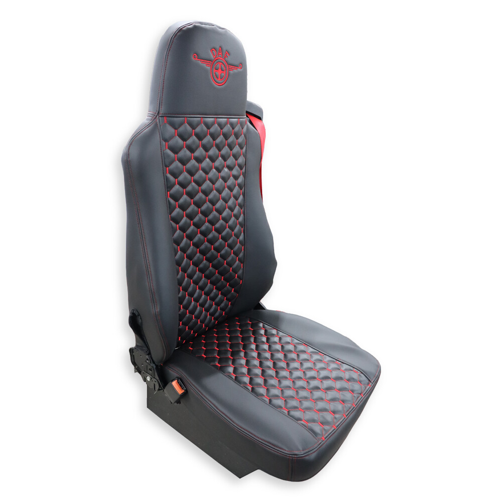 Чехол на сиденья KAR Кожа+стежка DAF XF95 105 CF85 75 65 LF (2002-2012) кожа черн.-красная нить