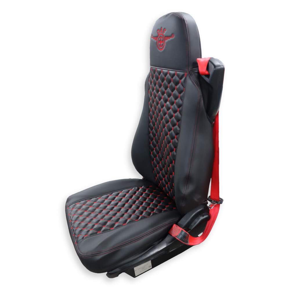 Чехол на сиденья KAR Кожа+стежка DAF XF95 105 CF85 75 65 LF (2002-2012) кожа черн.-красная нить