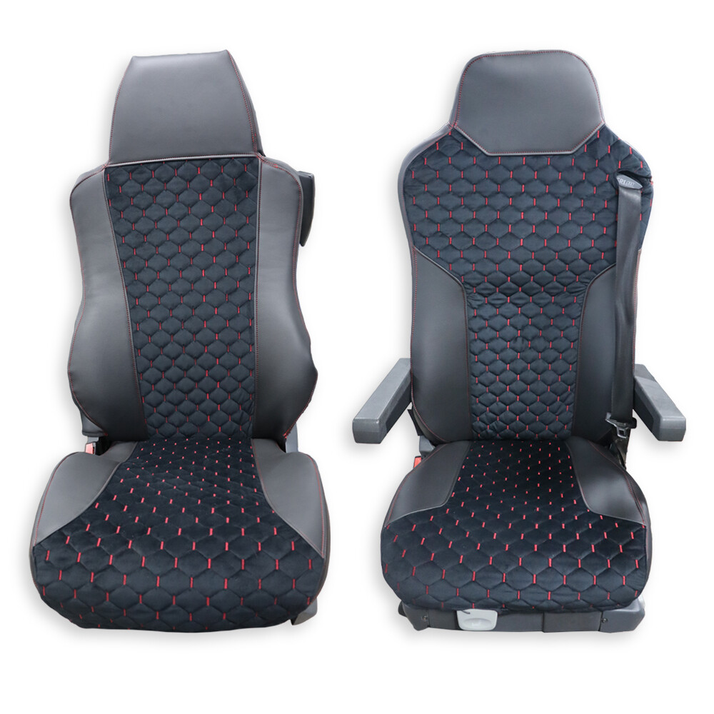 Чохол на сидіння KAR Шкіра+стібка MAN TGX,TGA,TGL,TGM,TGS; (2007-2020); 1 ремінь; водій (Низький); пасажир (Високий); (з підлокітниками); чорний