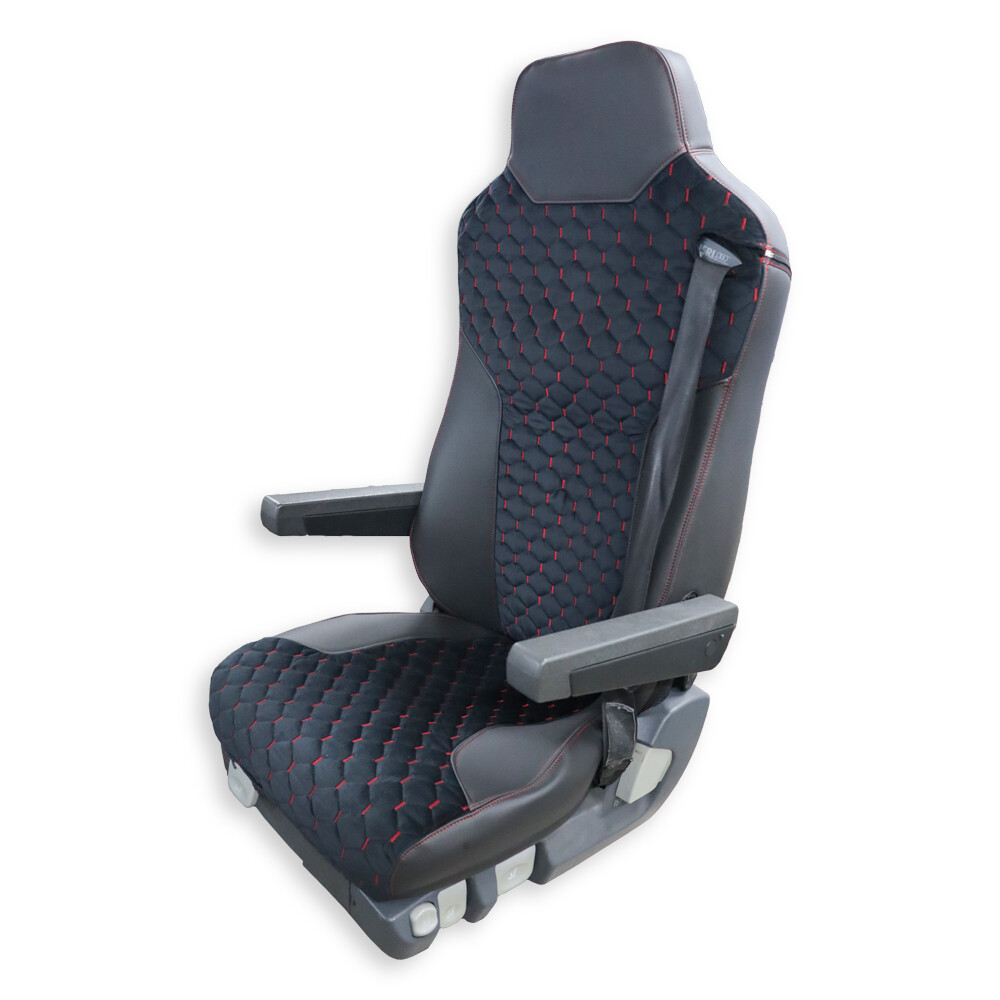 Чохол на сидіння KAR Шкіра+стібка MAN TGX,TGA,TGL,TGM,TGS; (2007-2020); 1 ремінь; водій (Низький); пасажир (Високий); (з підлокітниками); чорний