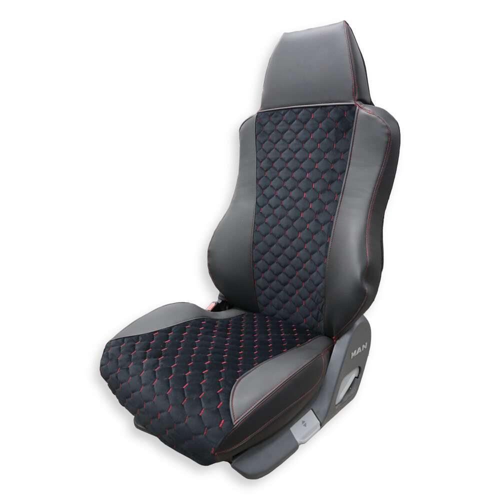 Чохол на сидіння KAR Шкіра+стібка MAN TGX,TGA,TGL,TGM,TGS; (2007-2020); 1 ремінь; водій (Низький); пасажир (Високий); (з підлокітниками); чорний