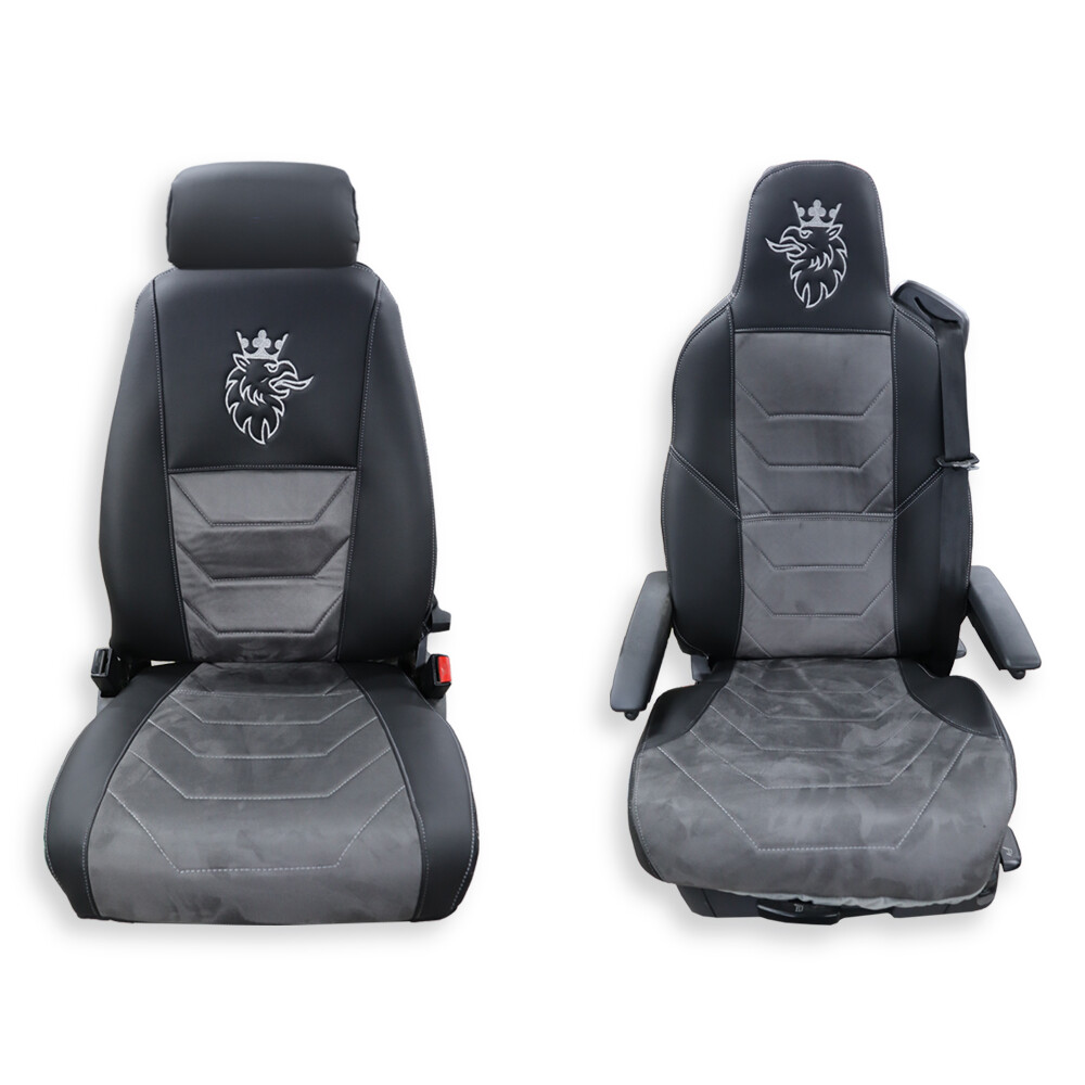 Чехол на сиденья Twin SCANIA R,G,P,S (2014-...) водит. монолит - пасс. складное, т.серая алькантара-черная кожа Чехол на сиденья Twin SCANIA R,G,P,S (2014-...) водит. монолит - пасс. складное, т.серая алькантара-черная кожа