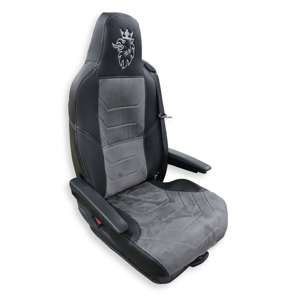 Чехол на сиденья Twin SCANIA R,G,P,S (2014-...) водит. монолит - пасс. складное, т.серая алькантара-черная кожа Чехол на сиденья Twin SCANIA R,G,P,S (2014-...) водит. монолит - пасс. складное, т.серая алькантара-черная кожа