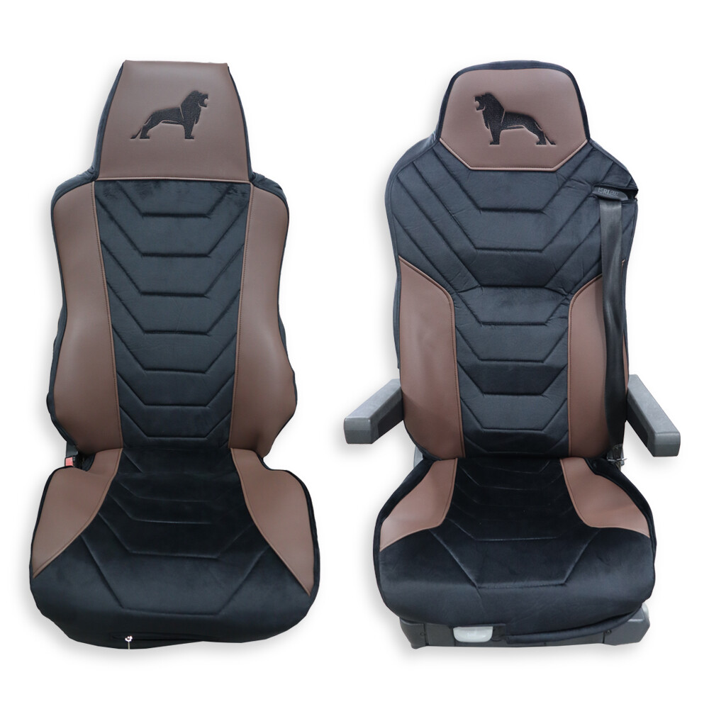 Чехол на сиденья Twin MAN TGX,TGA,TGL,TGM,TGS; (2007-2020) 1 ремень, водитель (Низкий) пассажир (Высокий) черный велюр - коричневая кожа Чехол на сиденья Twin MAN TGX,TGA,TGL,TGM,TGS; (2007-2020) 1 ремень, водитель (Низкий) пассажир (Высокий) черный велюр - коричневая кожа