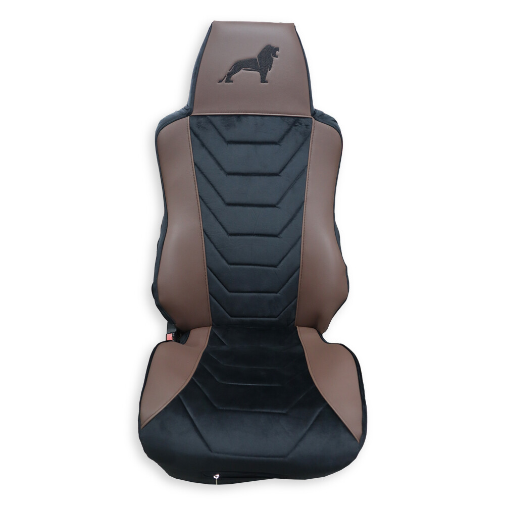 Чехол на сиденья Twin MAN TGX,TGA,TGL,TGM,TGS; (2007-2020) 1 ремень, водитель (Низкий) пассажир (Высокий) черный велюр - коричневая кожа Чехол на сиденья Twin MAN TGX,TGA,TGL,TGM,TGS; (2007-2020) 1 ремень, водитель (Низкий) пассажир (Высокий) черный велюр - коричневая кожа