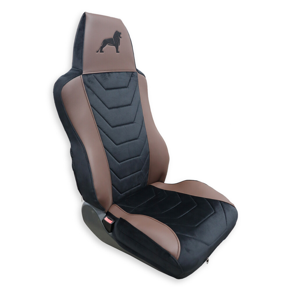 Чехол на сиденья Twin MAN TGX,TGA,TGL,TGM,TGS; (2007-2020) 1 ремень, водитель (Низкий) пассажир (Высокий) черный велюр - коричневая кожа Чехол на сиденья Twin MAN TGX,TGA,TGL,TGM,TGS; (2007-2020) 1 ремень, водитель (Низкий) пассажир (Высокий) черный велюр - коричневая кожа