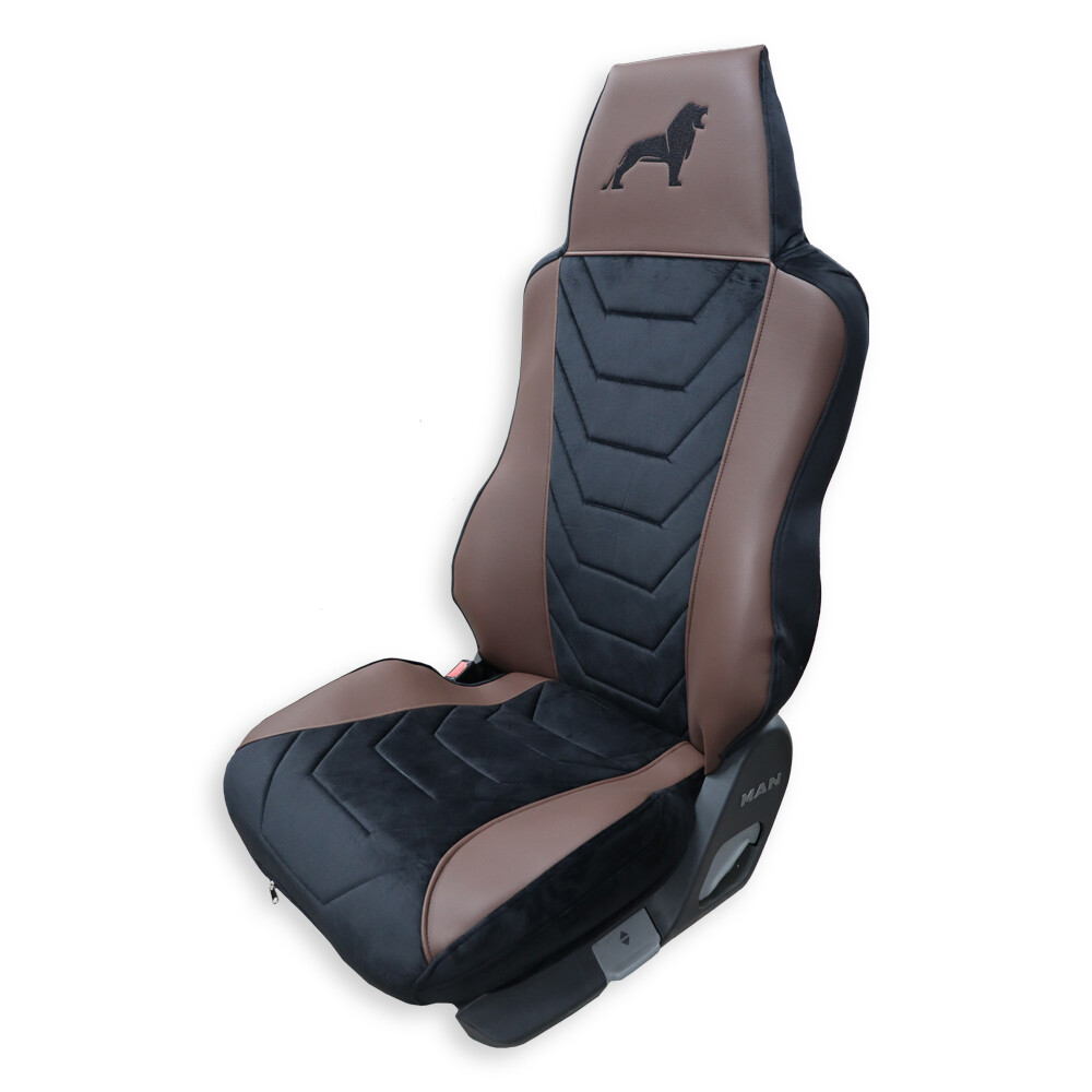Чехол на сиденья Twin MAN TGX,TGA,TGL,TGM,TGS; (2007-2020) 1 ремень, водитель (Низкий) пассажир (Высокий) черный велюр - коричневая кожа Чехол на сиденья Twin MAN TGX,TGA,TGL,TGM,TGS; (2007-2020) 1 ремень, водитель (Низкий) пассажир (Высокий) черный велюр - коричневая кожа