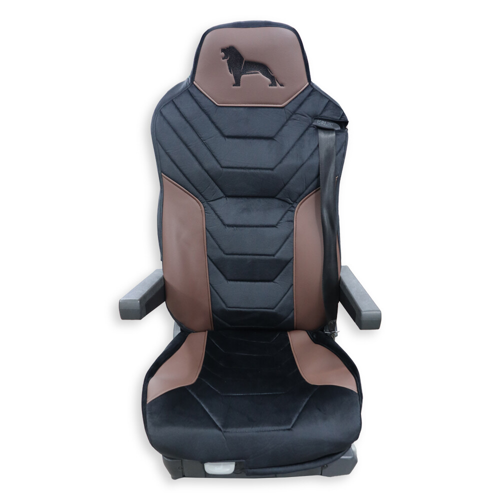 Чехол на сиденья Twin MAN TGX,TGA,TGL,TGM,TGS; (2007-2020) 1 ремень, водитель (Низкий) пассажир (Высокий) черный велюр - коричневая кожа Чехол на сиденья Twin MAN TGX,TGA,TGL,TGM,TGS; (2007-2020) 1 ремень, водитель (Низкий) пассажир (Высокий) черный велюр - коричневая кожа